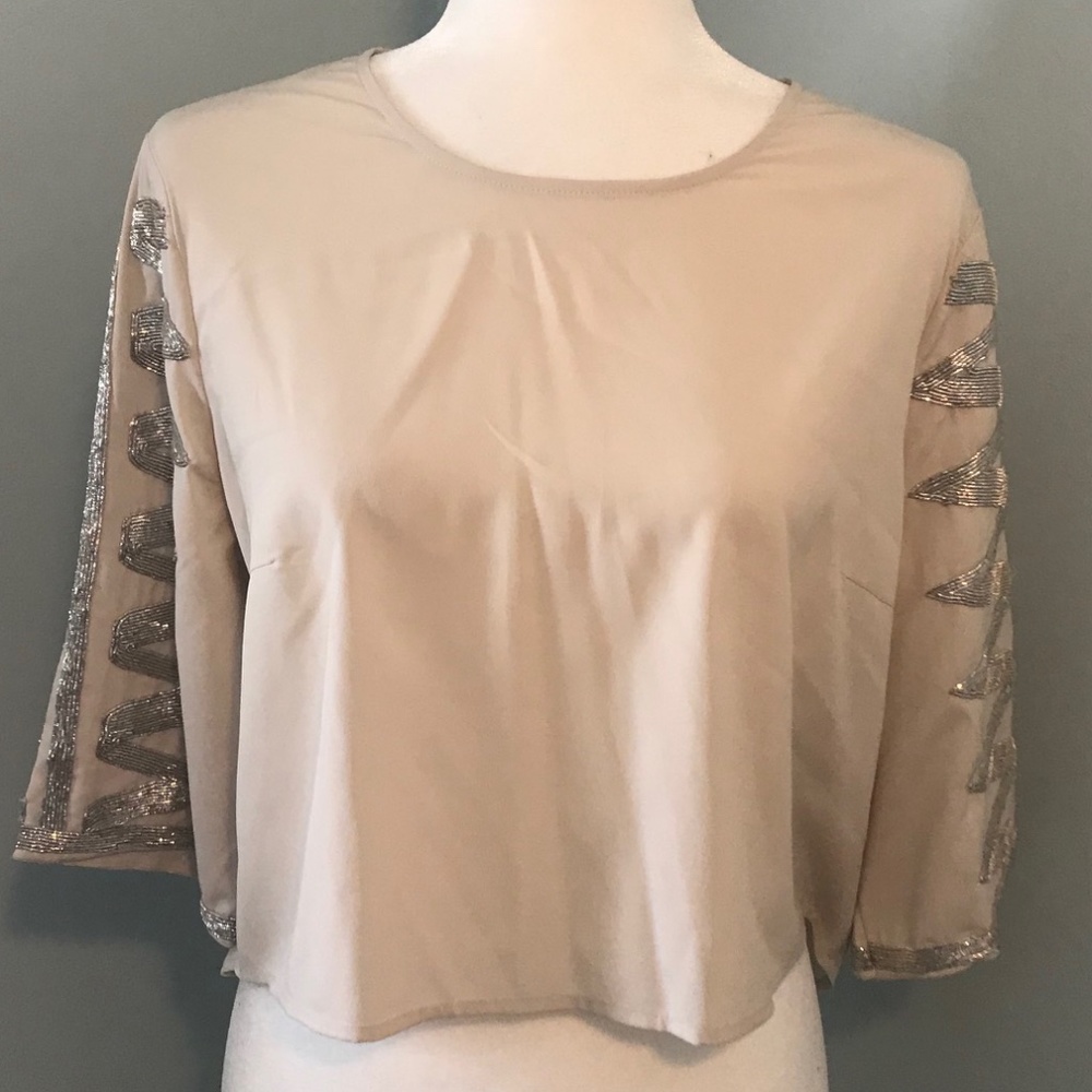 Cream top w/silver sequin 3/4 length bell sleeves